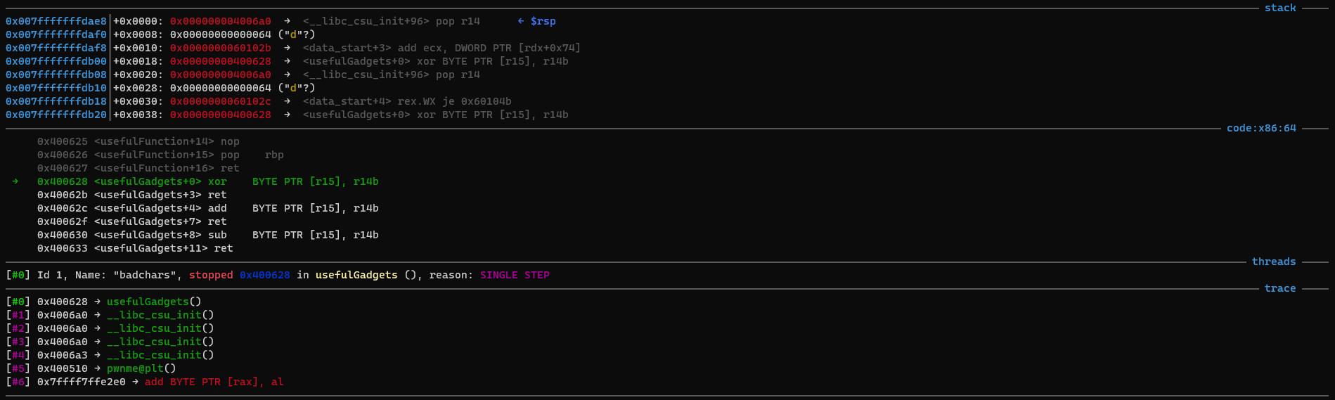 gadget at 0x400628 <usefulGadgets+0> xor    BYTE PTR [r15], r14b