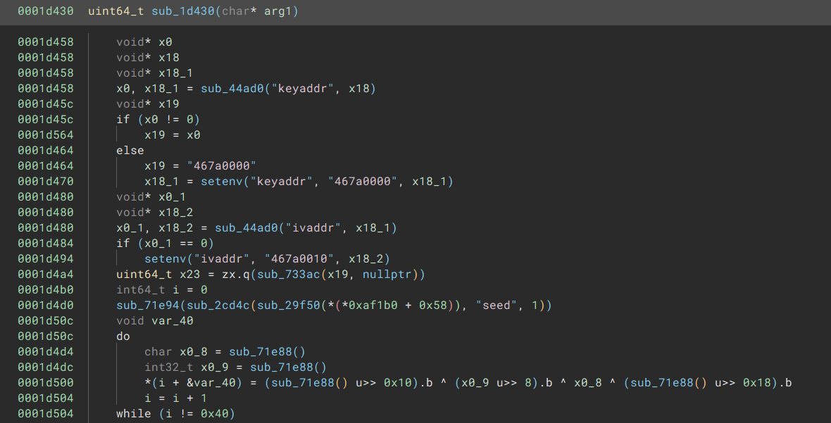 Decompiled code setting keyaddr and ivaddr environment variables