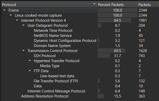 Protocol Hierachy in Wireshark