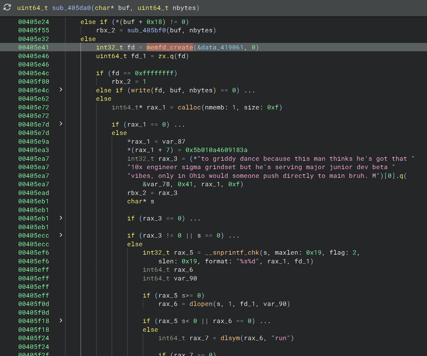 memfd_create calls in Binary Ninja