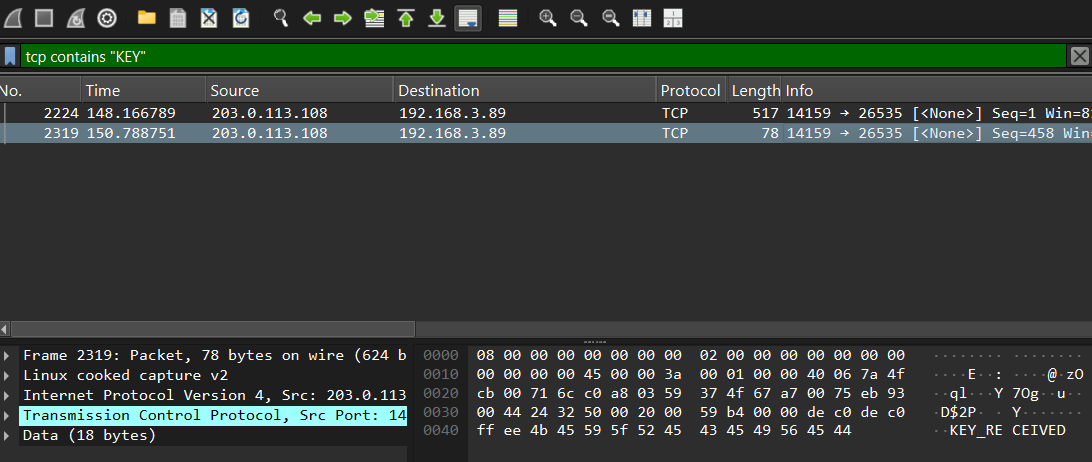 Task 2 PCAP searching for "KEY" in TCP stream