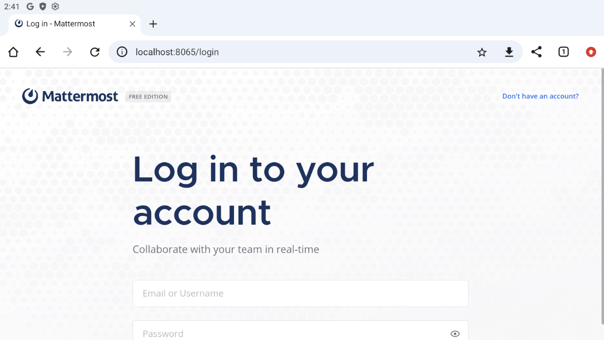 Mattermost login screen in Bluestacks Chrome